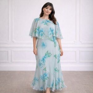 Chiffon Floral Maxi Dress With Removable Cape Blue  Fairycore Etherial Sz XL